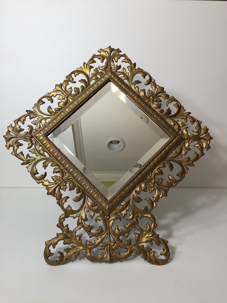 Large Antique Victorian Diamond Shape Cast Iron Rococco Easel Back Frame Mirror