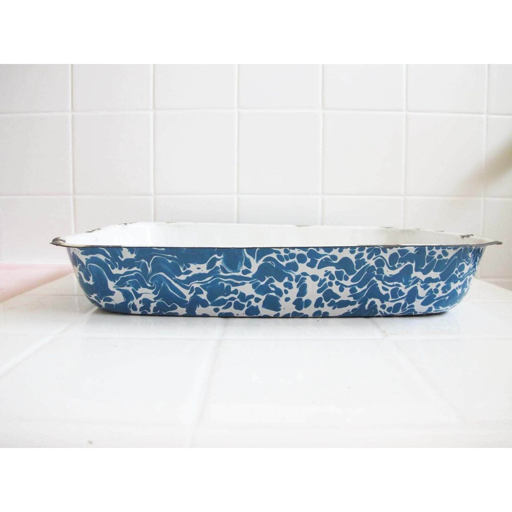 Vtg Splatterware Blue White Enamel Rectangle Roasting Pan Marbled Swirl Chippy