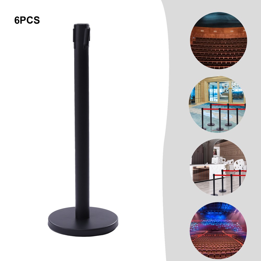 6PCS Black Stanchion Posts Queue Pole Retractable Belts Crowd Control Barrier US