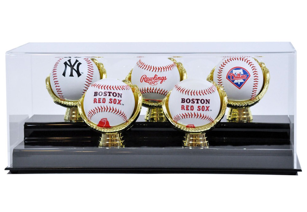 DELUXE ACRYLIC FIVE BASEBALL with GOLD GLOVES DISPLAY CASE