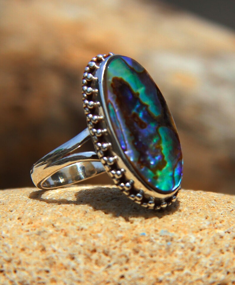 Gorgeous Abalone Shell Gemstone 925 Sterling Silver Handmade Ring All Size
