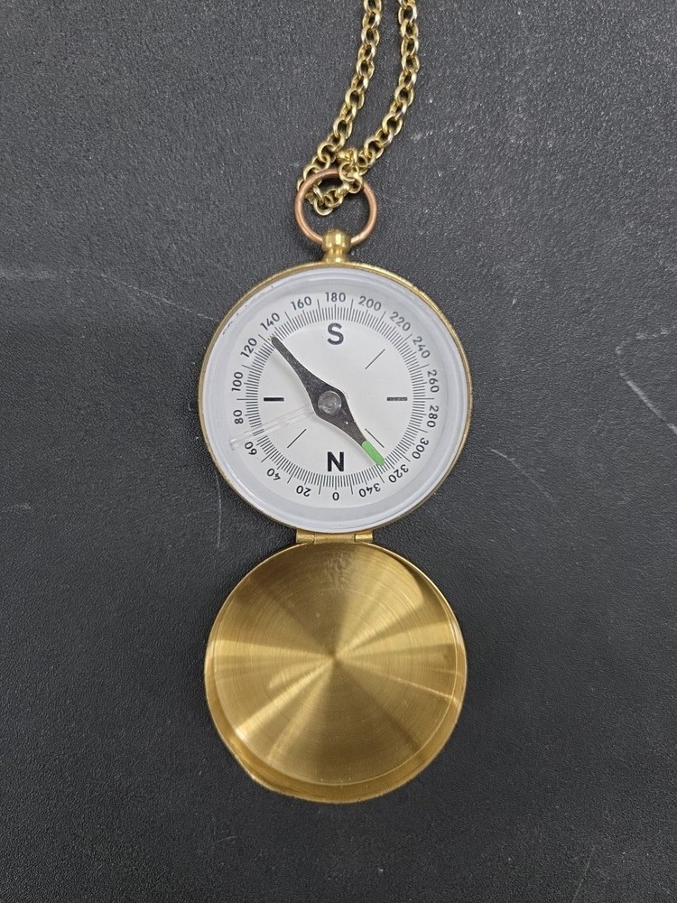 Brass Pocket Compass With Chain Vintage Working