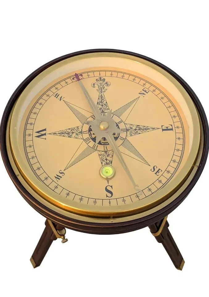 Antique Brass Large Compass Coffee Table, Side Table Working Compass With Tripod