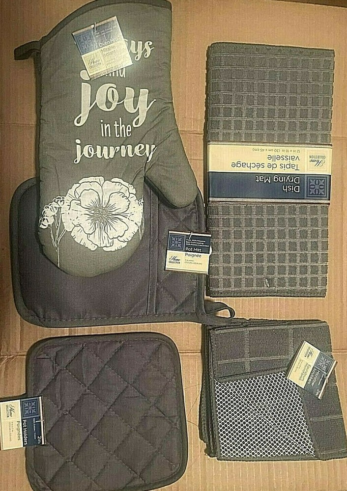 Home Collection - 7 Piece Gray Kitchen Set - Oven Mitt / Dish Drying Mat / New