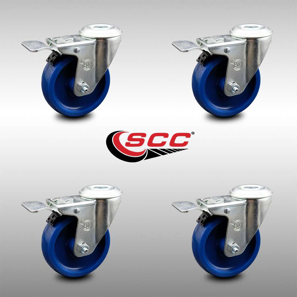 4 Inch SS Solid Polyurethane Swivel Bolt Hole Caster Set with Total Lock Brake