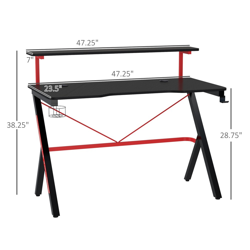 Gaming Computer Desk with Rotating Cup Holder and K Shaped Frame, Red