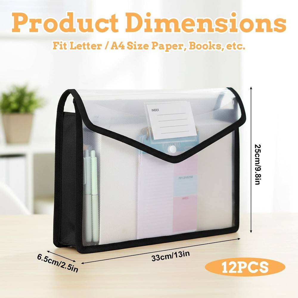 12 Pack Plastic Expanding File Folder, Folders for Documents with Snap Closur...