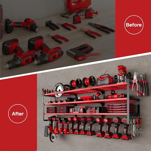 Large Power Tools Organizer Wall Mount,12 Drill Holder for Garage, Workshop Red