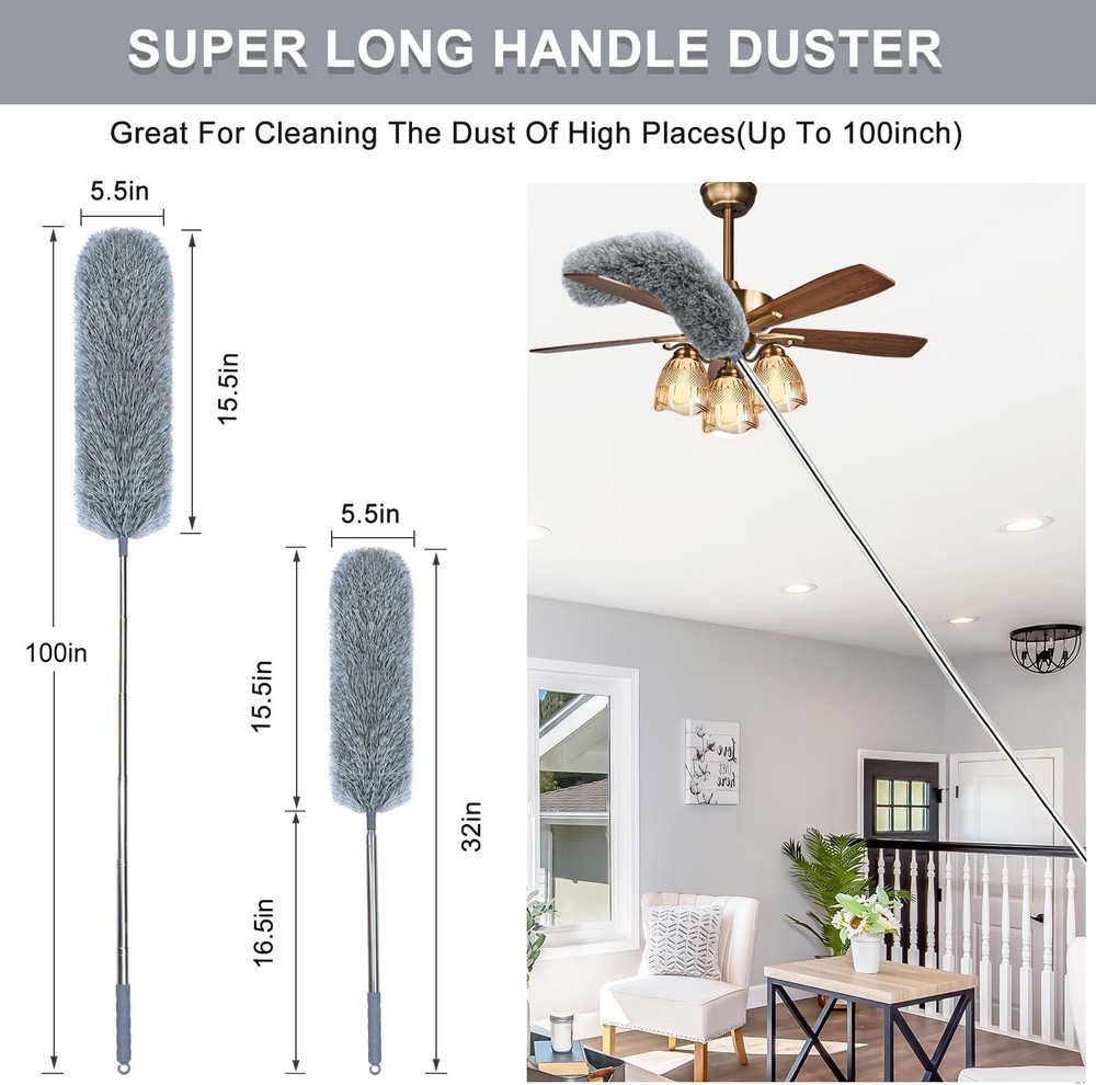 Microfiber Feather Duster with Extendable Pole, 100-inch Extra-Long Dusters Tele