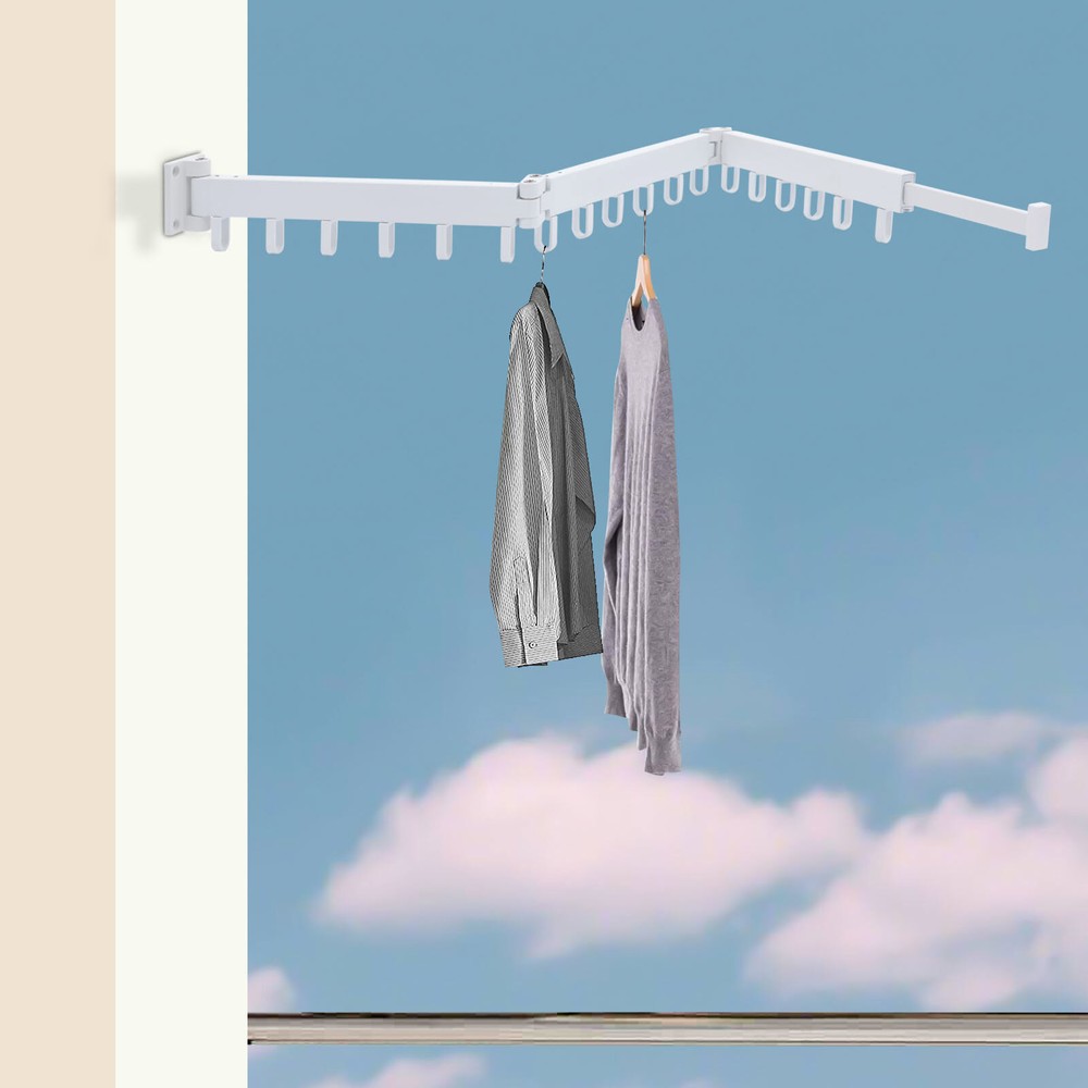 Laundry Clothes Storage Drying Rack Retractable Tri-Folding Hanger Wall-mounted