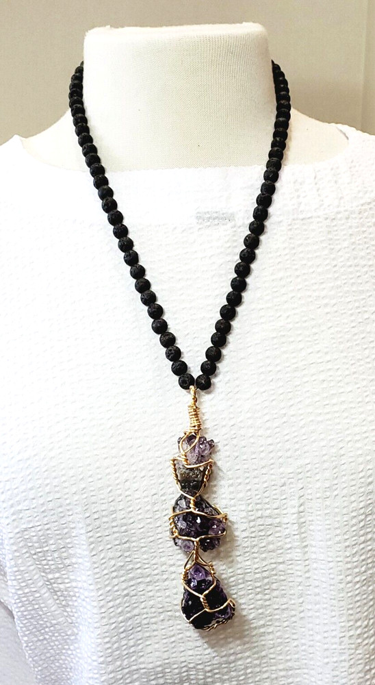 Lava Beaded Necklace With Wire Wrapped Amethyst