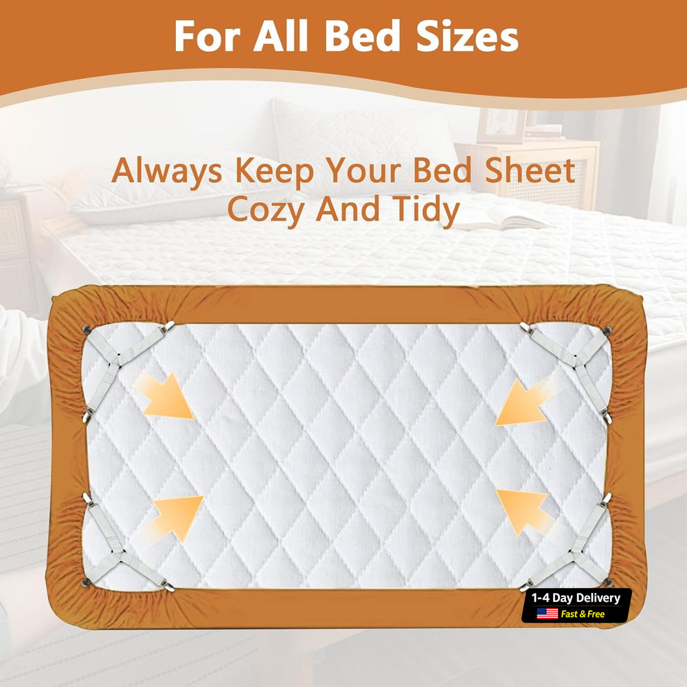 4PCS Bed Sheet Straps with Metal Clips, Adjustable Elastic Fitted Sheet Holders