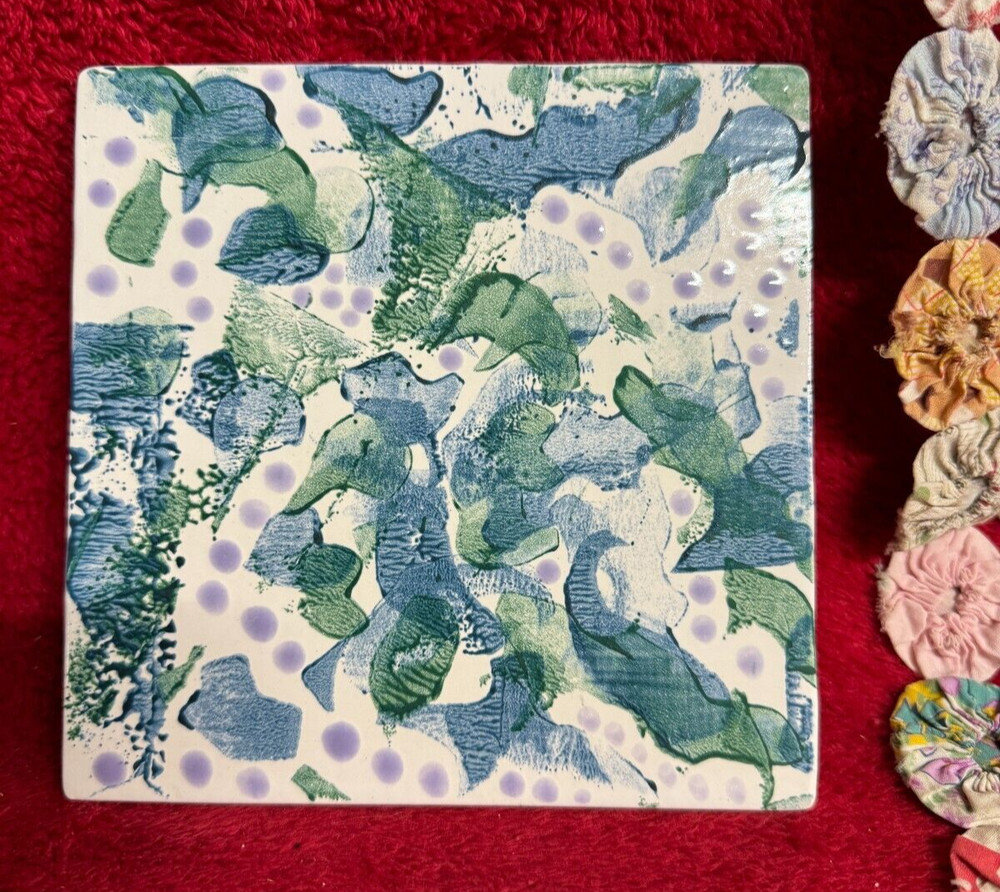 Handpainted Ceramic Tile Trivet Wall Hanging Teal Blue Lilac Abstract Monoprint