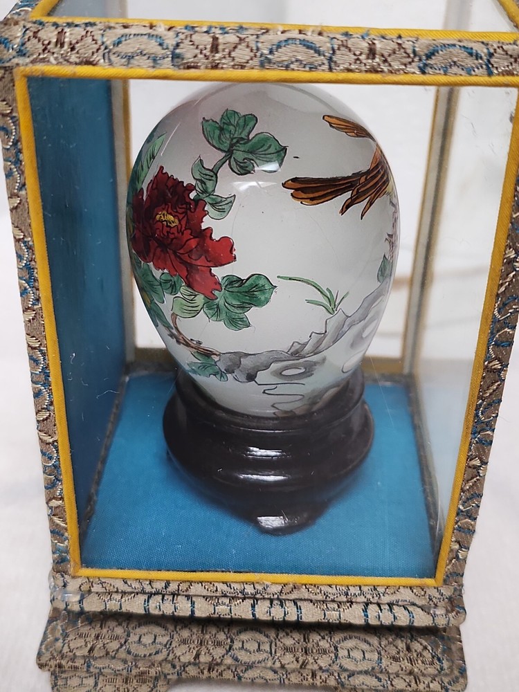 Reverse Painted Glass Egg With 2 Birds In The Bush