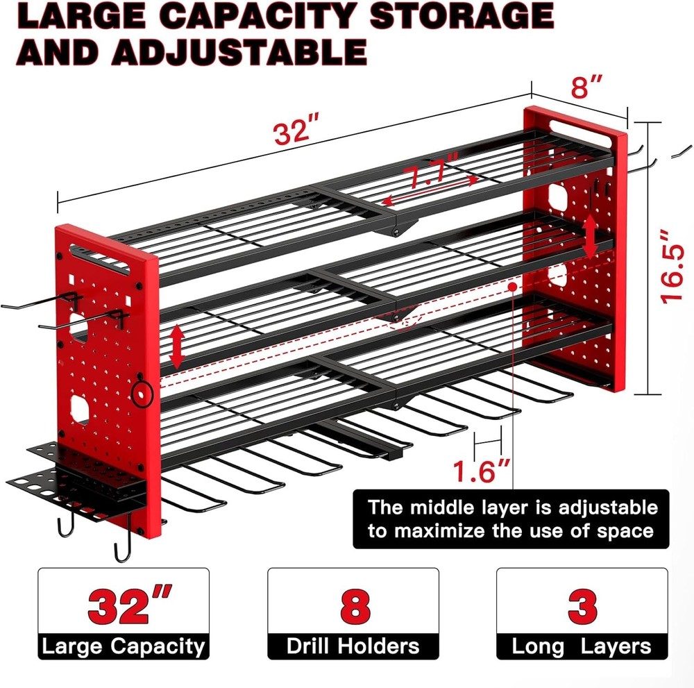 Power Tool Organizer Wall Mount Cordless Drill Rack 4 Layer 8 Holder Red