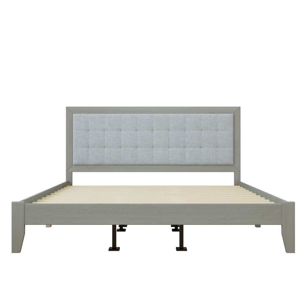 California King Bed Frame Solid Wood Upholstered Panel Headboard Gray