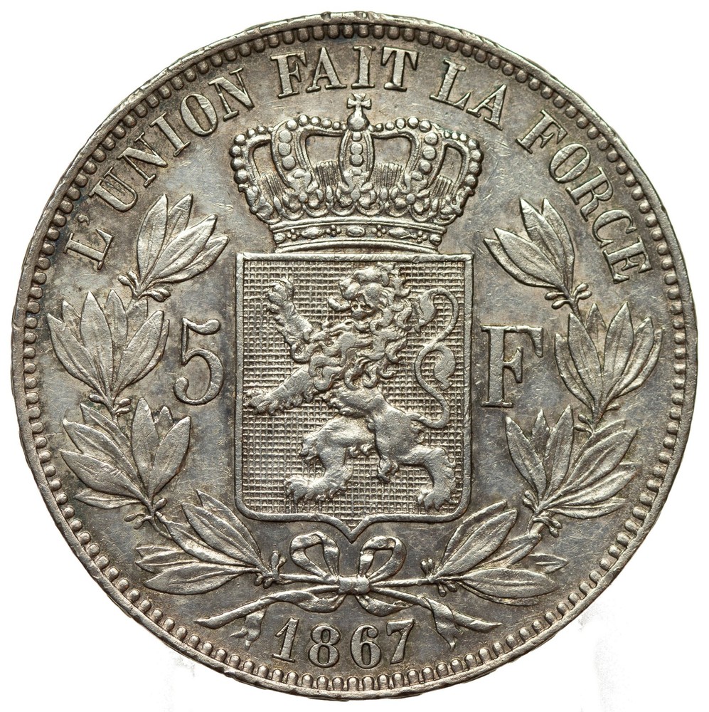 Belgium - 5 Francs 1867 - Leopold II, Silver