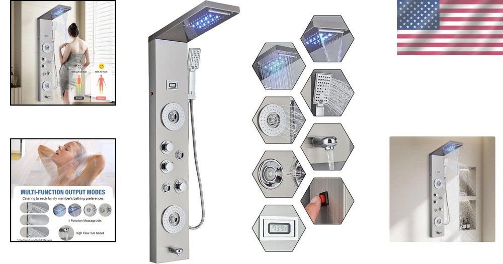 Stainless Steel 6-Function Shower Tower with Handheld & Temperature Display