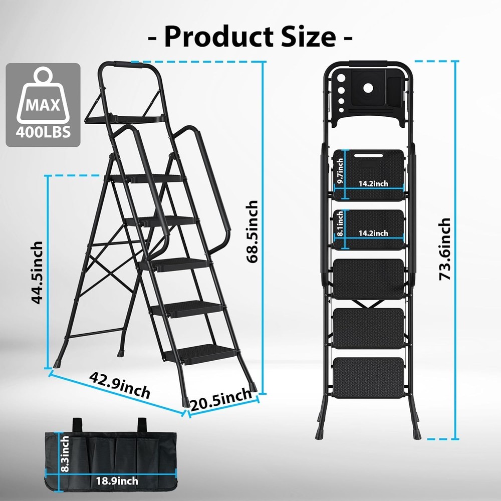 400lbs Max Load 5-Step Ladder with Tool Tray, Handrails