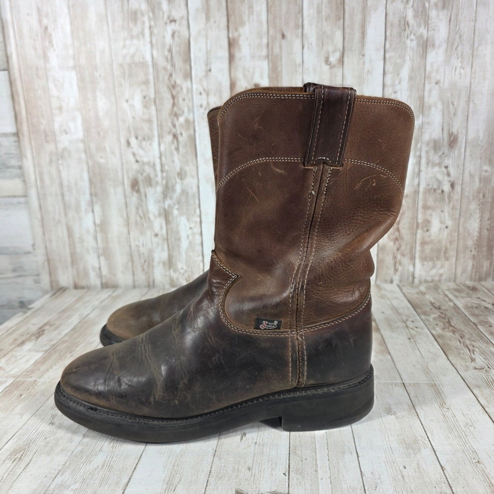 Justin Mens Leather Work Boots Brown Size 85 EE Pull On Round Toe