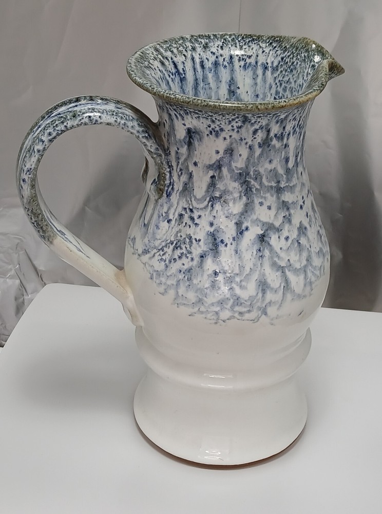 Pitcher Earthenware Pottery Handled White Blue Drip Glaze 9in