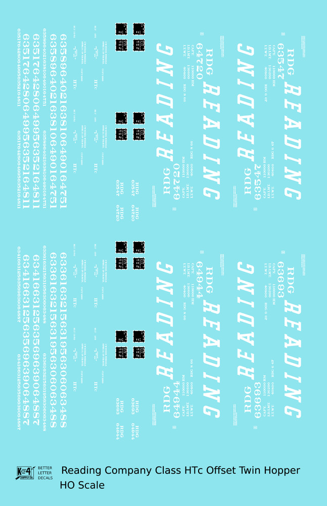 K4 HO Scale Decals Reading Class HTC Offset Twin Hopper White