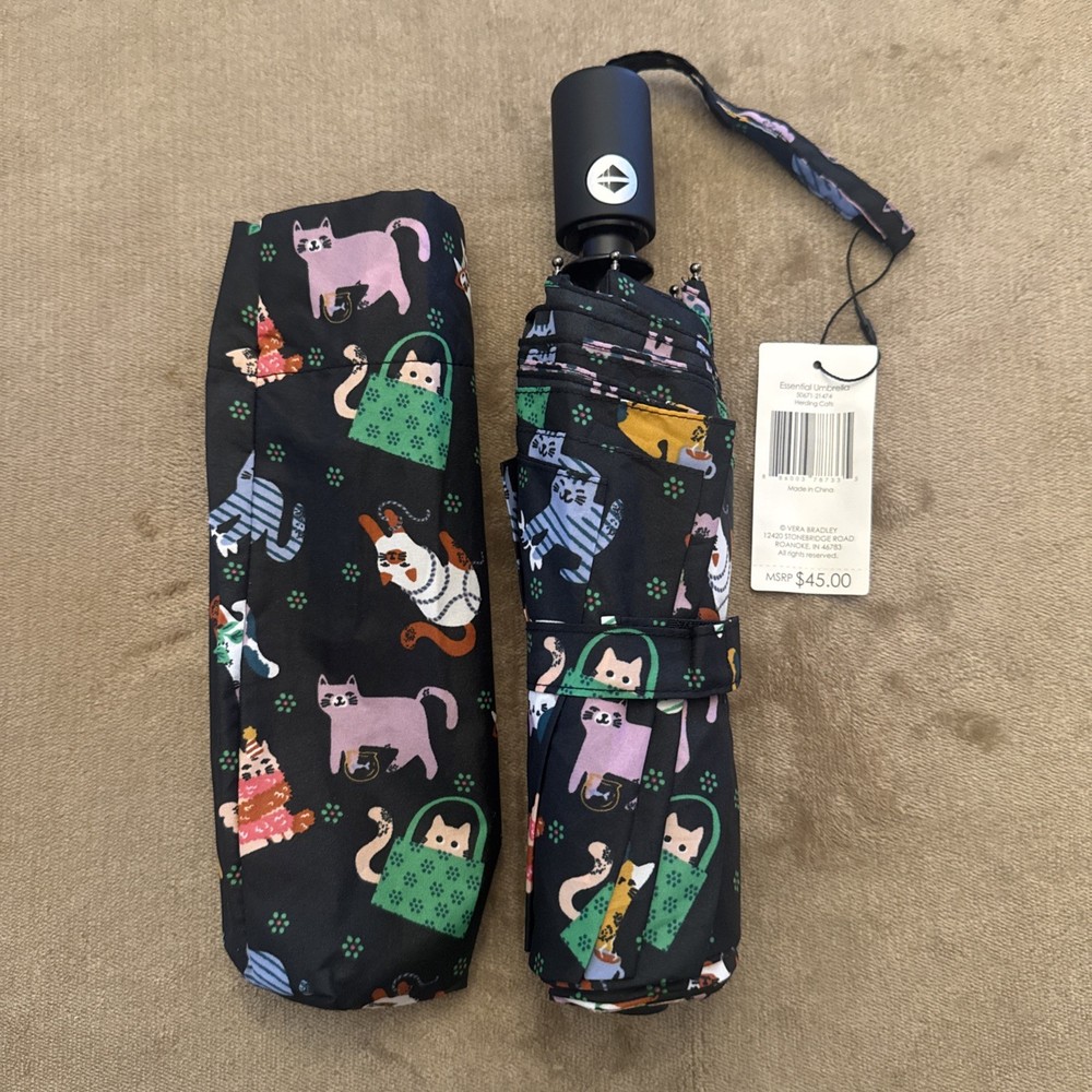 NWT- Vera Bradley Essential Umbrella Herding Cat Multi-Colored Black $45