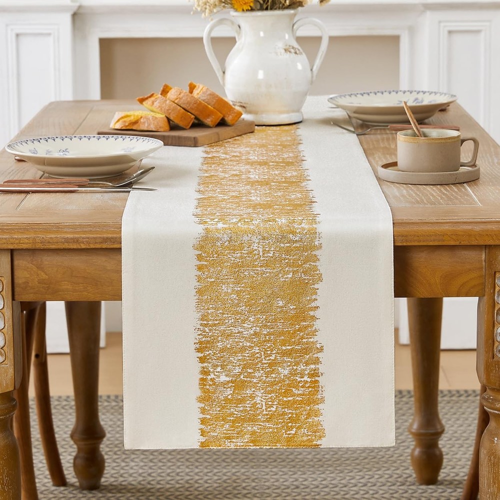 Metallic Style Fall Table Runner Cotton and Linen Christmas Gold Table Runner...