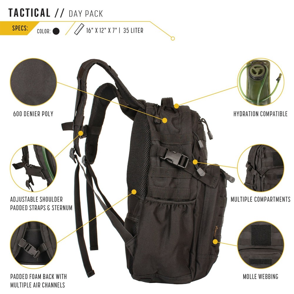WFS™ TACTICAL HYDRATION DAY PACK - 35 Liters Hiking Backpack, Black