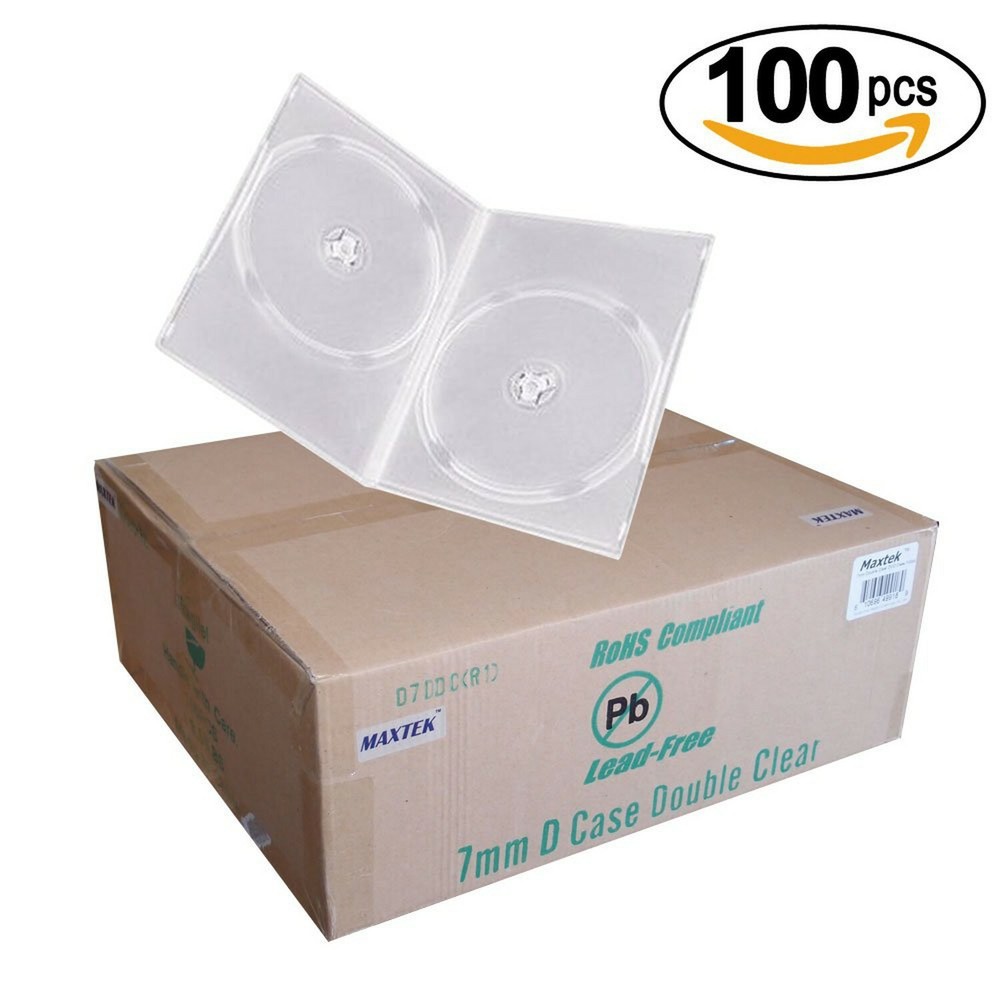 Maxtek 7mm Slim Clear Double CD/DVD Case, 100 Pieces Pack. (2 Discs Capacity ...