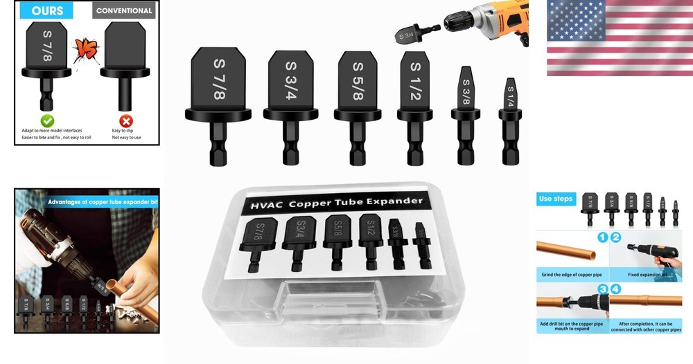 Portable HVAC Drill Bit Set: 6 Sizes for Quick Copper Pipe Expansion, 1/4-7/8"