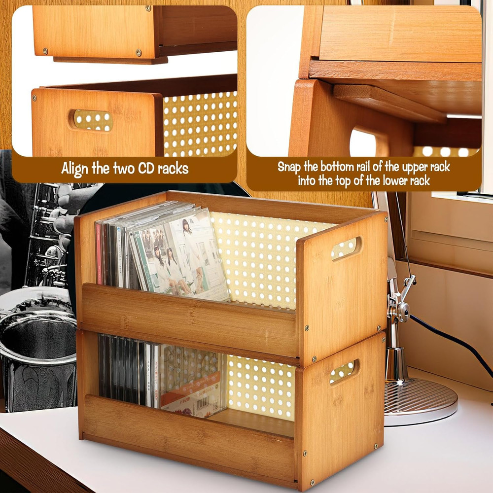 2 Set Bamboo CD Storage Box, Stackable CD Holder Racks Organizer Shelf for Movie