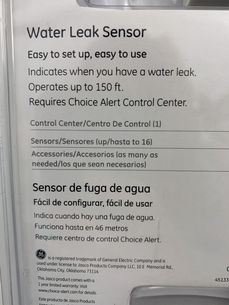 GE Choice Alert 45133 Wireless Water Leak Sensor Alarm System New
