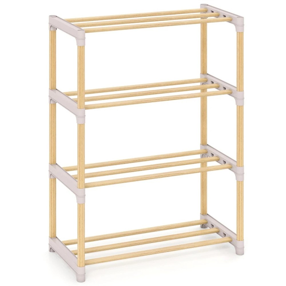 4-Tier Solid Pine Wood Shoe Rack Stackable Design Ventilated Slatted Shelves