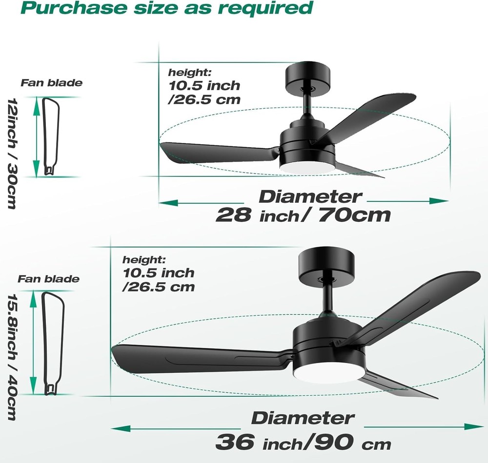 28-inch Smart Ceiling Fan with LED Light, APP & Remote Control, Modern Black