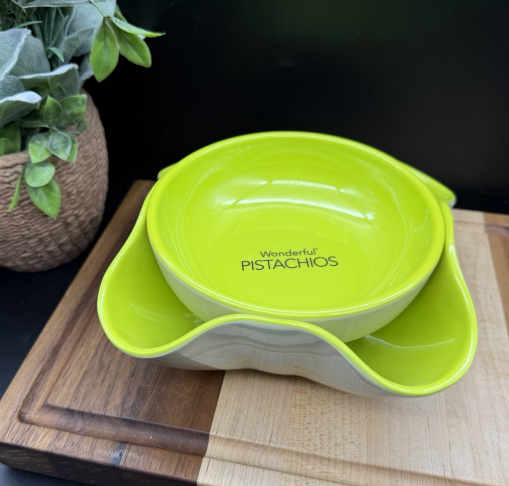 Wonderful Pistachios Nuts Shells Double Bowl Lime Green Melamine - EUC