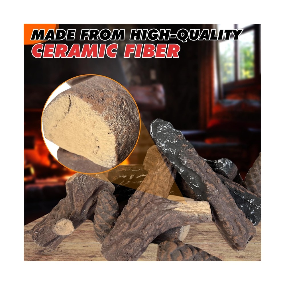 10 Pack Gas Fireplace Logs, Ceramic Logs for Fireplace and Fire Pit, Simulate...