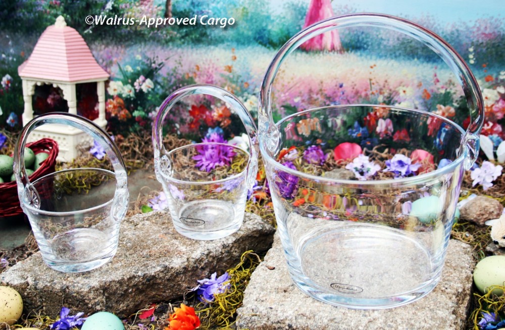 CRATE & BARREL GLASS EASTER BASKETS (3) -NEW- CLEARLY, A GOOD SPRINGTIME CHOICE!