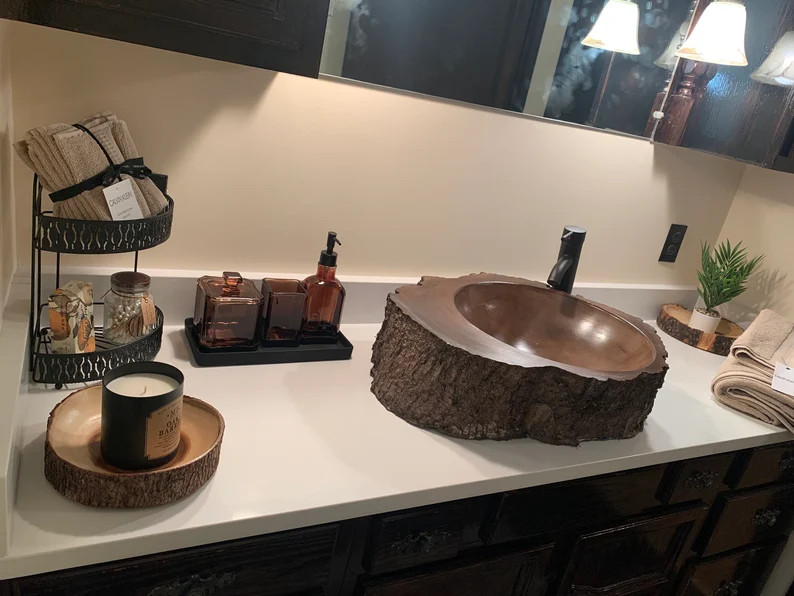 Log home tree trunk bathroom vessel sink