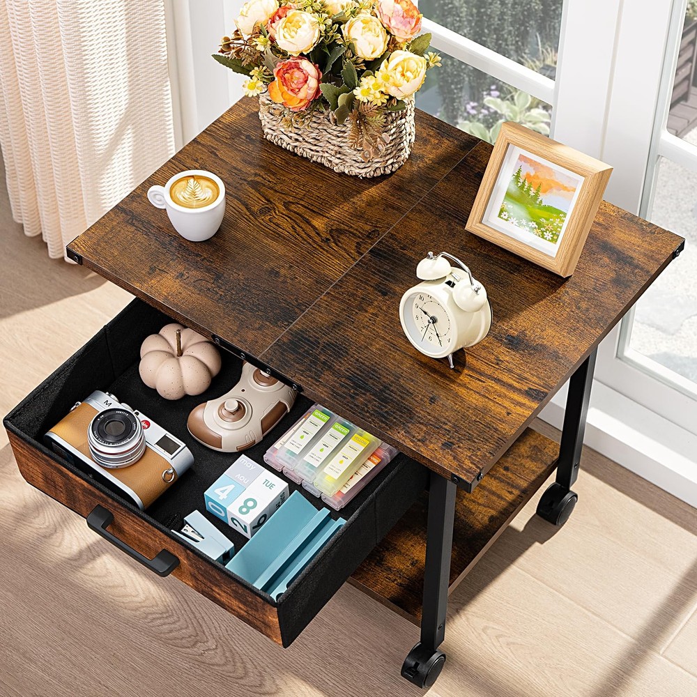 Lerliuo Under Desk Rolling Printer Stand, 2-Tier Industrial Mobile, Drawer