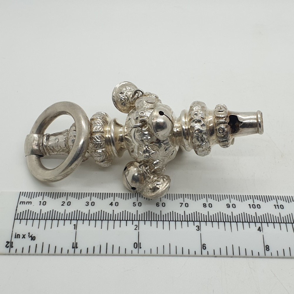 Victorian Solid Silver Combination Baby Rattle Whistle Hilliard & Thomason 1852