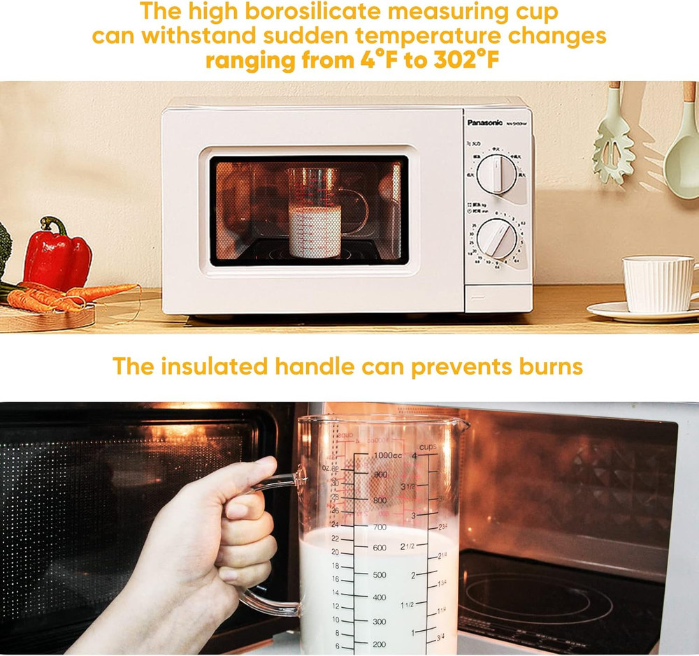 Glass Measuring Cup with Handle, [Double-Sided Measuring Scale, V-Shaped Spout,