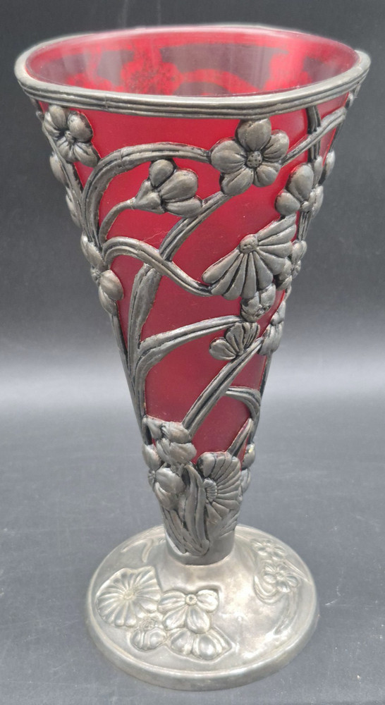 Ruby Red Vase Brass Base Vintage 10" Tall
