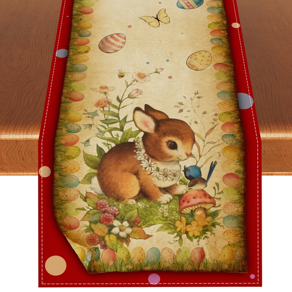 Vintage Easter Table Runner Retro Style Bunny 13×72 inches, Multi Color