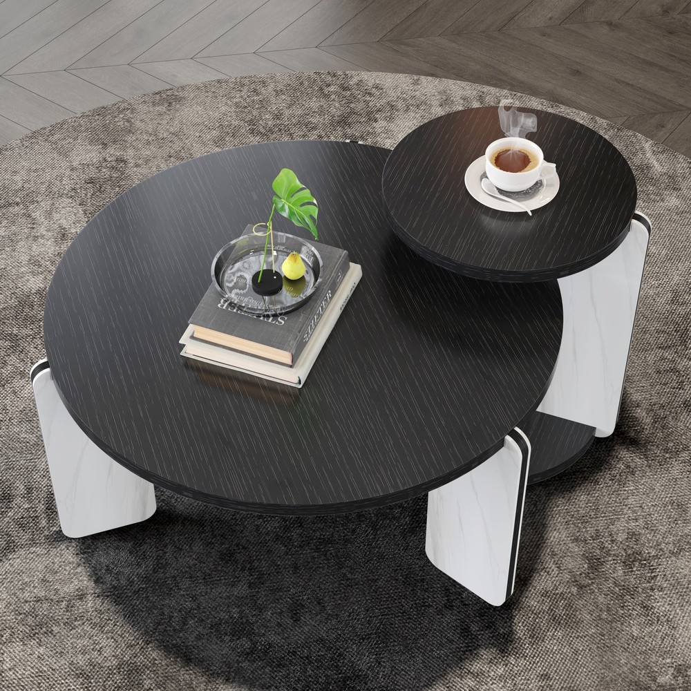 32.68" & 16.93" round coffee table end table sofa table side table set with bla