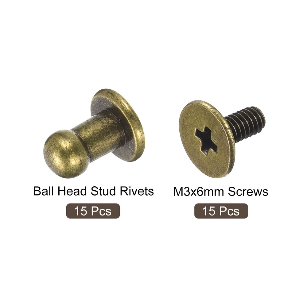 4mm Ball Head Stud Rivets Screw Back, 15Pack Round Head Button, Bronze Tone