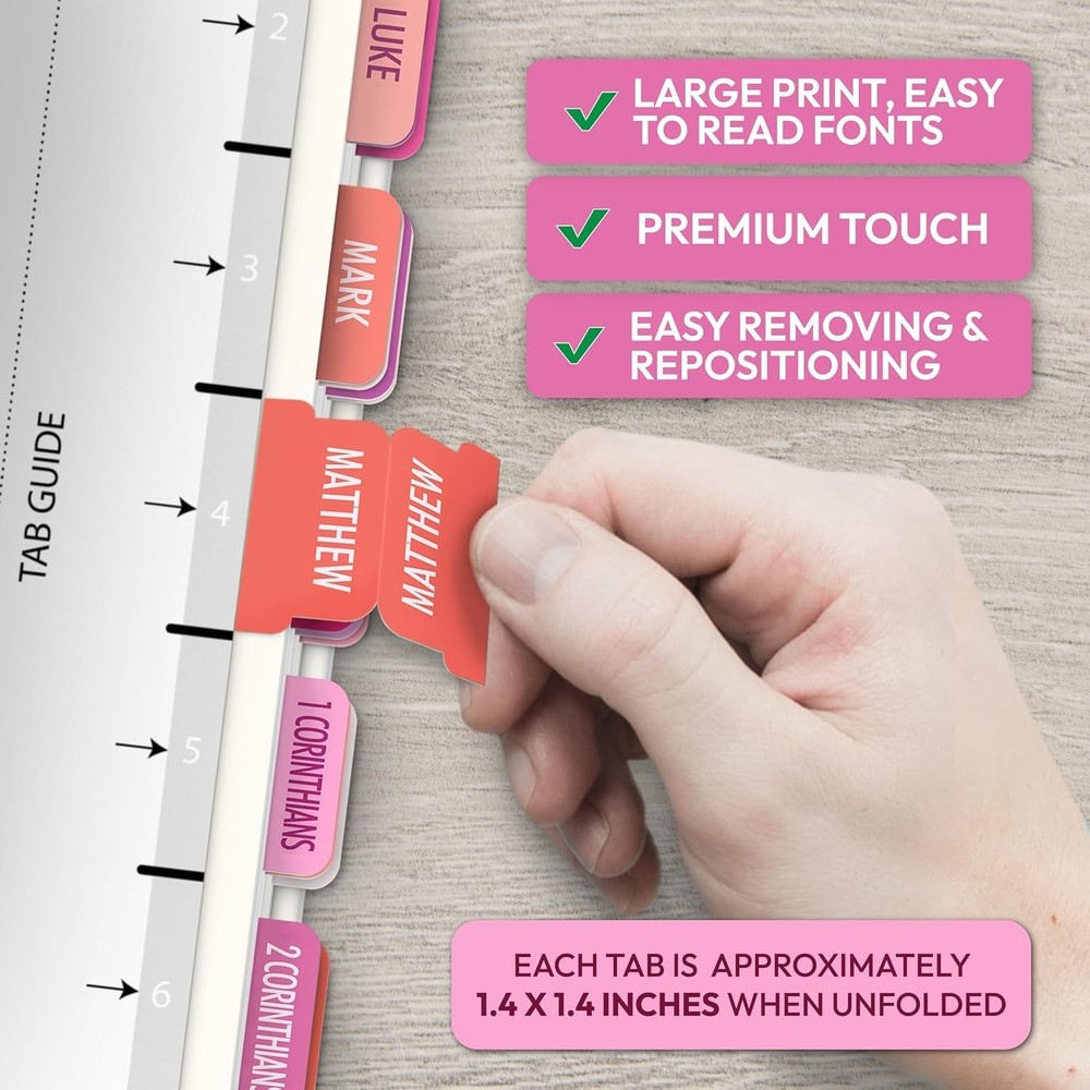 Pink Bible Tabs, 90 Large Print Bible Index Tabs for Study Bible, Laminated E...
