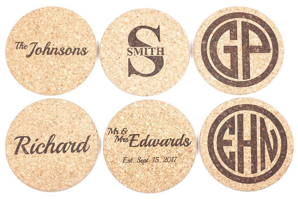2 Personalized Drink Coasters, Engraved Natural Cork Coasters, Customized Gift