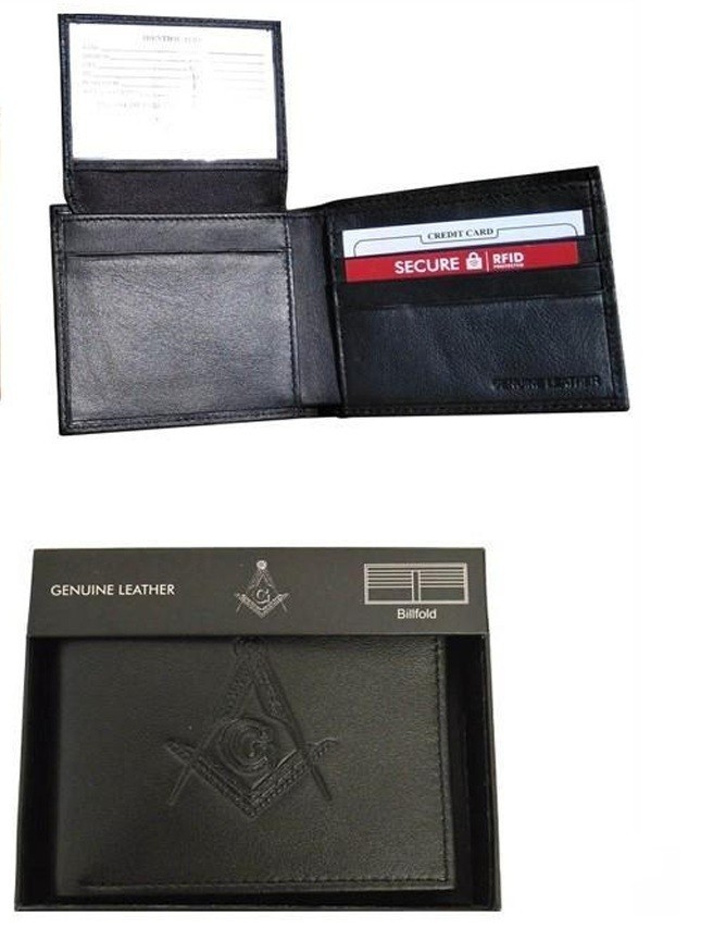 Masonic Leather Billfold Wallet RFID Blocking - Black Embossed Square &Compass