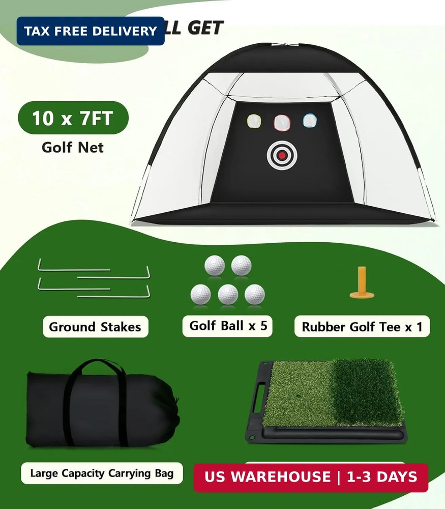 Golf Net for Hitting Practice, 10 x 7FT Golf Training Net with Mat and Target...